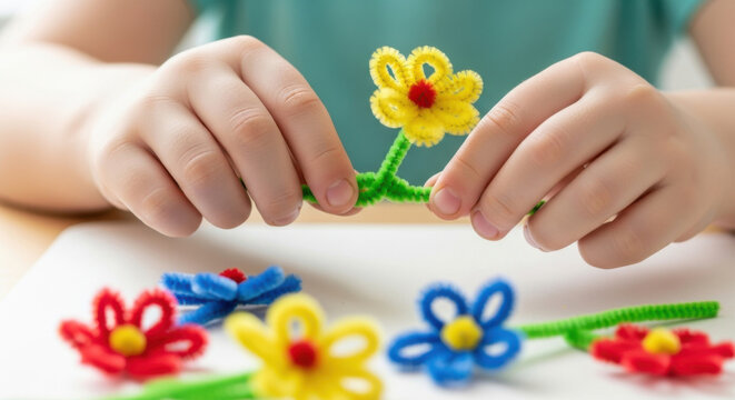 Close Up of Child Hands Making Pipe Cleaner Flower for Preschool Creative Learning Activity