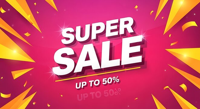 Dynamic promotional graphic announcing a super sale with up to fifty percent off, featuring a bold design and festive confetti elements