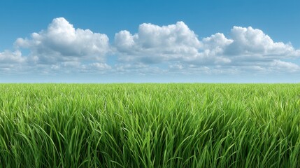 Fototapeta premium Lush Green Grass Under Clear Blue Sky with Fluffy White Clouds for Fresh Nature Background or Landscape Design
