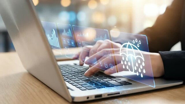 Securing digital assets: a person typing on a laptop with holographic data protection visuals