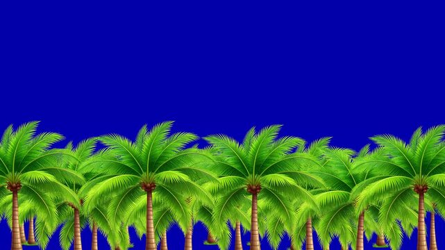2D animated cartoon row of palm trees waving gently on green screen chromakey background, tropical group isolated, seamless loop animation, lush green palms ready for compositing in video scenes