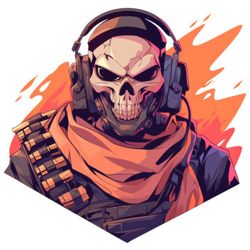 Stylized skull character wearing headphones and tactical gear with an orange background, resembling a modern gaming avatar or graphic novel illustration.