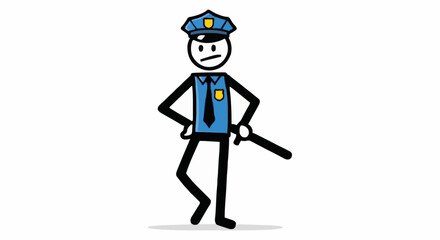 Stick Figure Police Officer Standing Confidently Holding Baton.