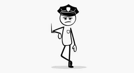 Stick Figure Police Officer Standing Guard Uniform Hat.