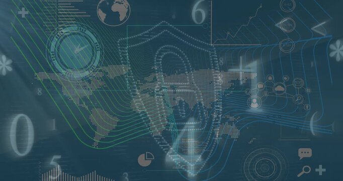 Animation of data processing over padlock icon and world map on blue background