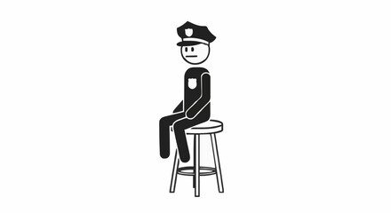Stick Figure Police Officer Sitting on Stool Simple Illustration.