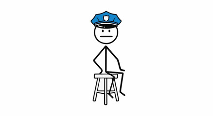 Stick Figure Police Officer Sitting on Stool Wearing Hat.