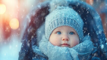 Baby bundled up in winter clothing sitting in stroller with snow  
