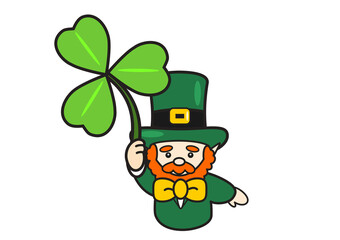 大きなクローバーを持つ可愛いレプラカーンのイラスト 上半身（セントパトリックスデー）