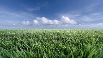 Obraz premium Lush Green Grass with Clear Blue Sky and Soft White Clouds in an Expansive Landscape Under a Bright Daylight Setting