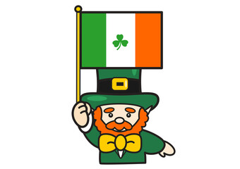Cute leprechaun holding the Irish flag illustration, upper body (St. Patrick's Day)