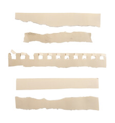Set of beige torn paper strips isolated on white background. Rough textured pieces with ripped edges