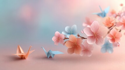 Delicate pink cherry blossoms opening on a branch against a soft background