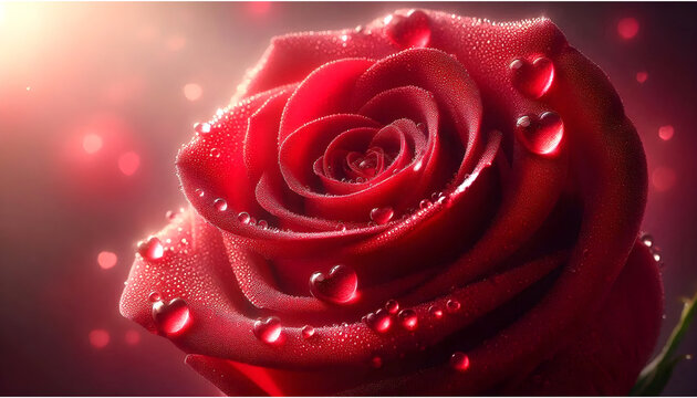 Romantic Red Rose with Heart-Shaped Water Drops &ndash; Love and Valentine Concept