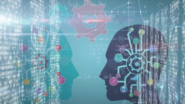 Animation of cogs over human head silhouette and moving columns with mathematical equations