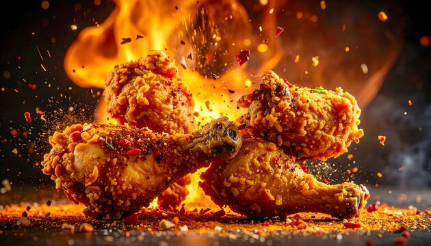 Crispy golden fried chicken pieces with spices and fire flames in a close-up shot