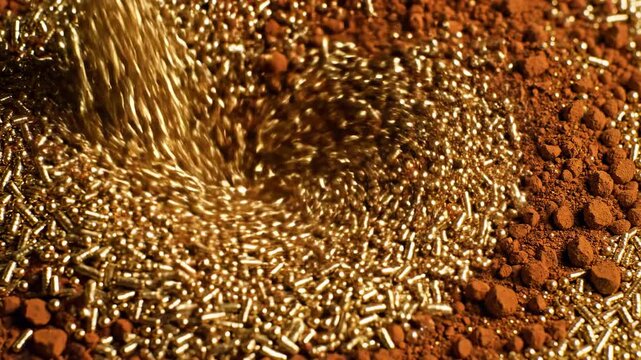 Seamless abstract loop of vibrant gold baking sprinkles mixing with fine reddish brown rust particles creating a dynamic textured background looping, culinary, swirling