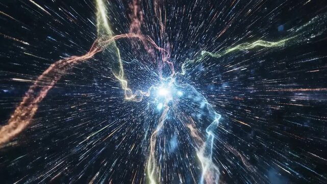 Abstract space travel through a colorful nebula in infinite universe