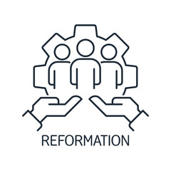 Reformation of society. Social policy . Government, services, reform, education, welfare.Vector linear icon illustration isolated on white background.