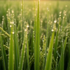 Obraz premium Dew drops on fresh green grass blades at sunrise