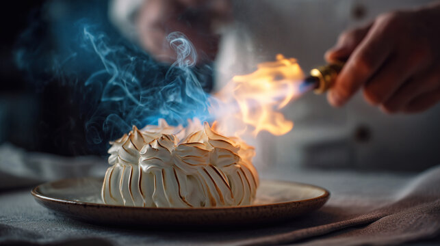 Chef Torching Meringue Cake with Blue Fire Flame in Kitchen