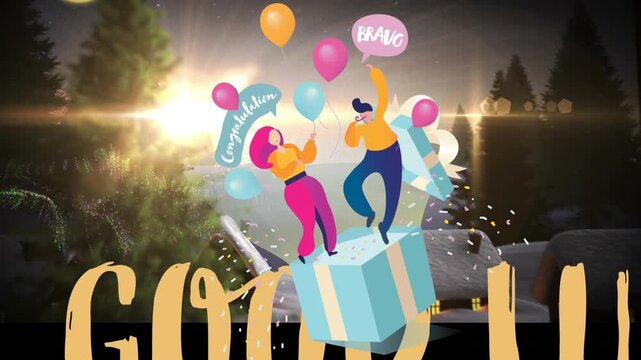 Animation of christmas shooting star in winter scenery with party icons