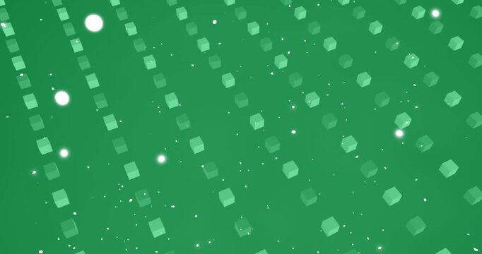 Animation of white particles falling over 3d structures in seamless pattern against green background