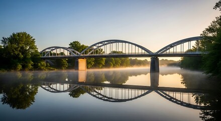 Obraz premium Tranquil Sunrise Over a Majestic Arch Bridge Reflected in Calm Water