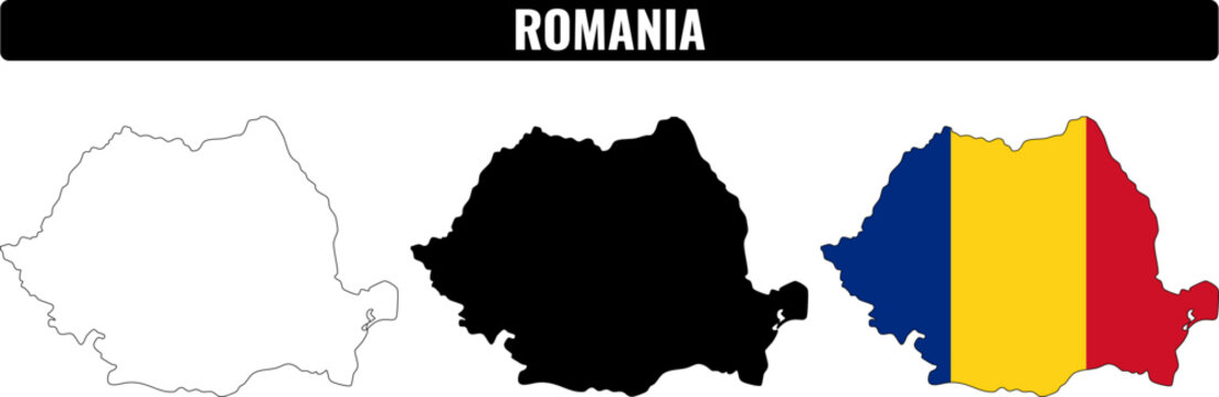 Romania shapes set shows outline, filled shape, and flag representation