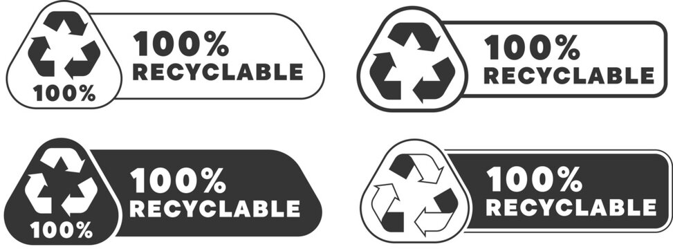 Set of black and white recyclable labels showing different shapes and designs for recycling