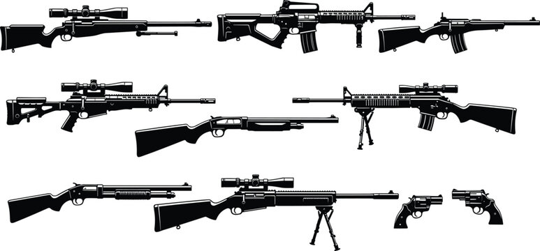 Large black silhouette collection of modern firearms featuring sniper rifles, assault guns, shotguns, and revolvers for tactical, military, hunting, and shooting range vector designs.