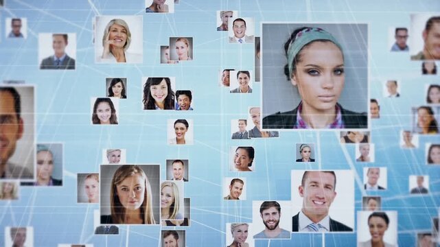 Animation of network of connections with photos and data processing