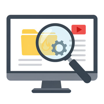 Magnifying glass over folder and settings icons on computer screen