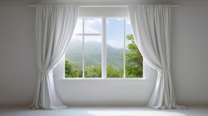 Fototapeta premium Bright and Airy Interior with Large Window Framed by Soft White Drapes Offering a View of Lush Green Mountains and Blue Sky in a Peaceful Room Design