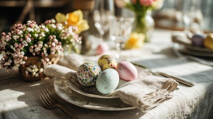 easter, table setting with eggs, flowers and linen napkins