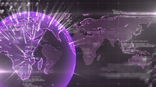 Animation of data processing and light trails over spinning globe and world map on purple background
