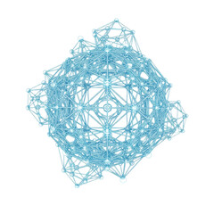 Abstract isometric 3d render of an intricate wireframe structure composed of glowing neon blue geodesic meshes and nodes, isolated on a white void background. Concept of digital data infrastructure