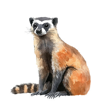 Coati, refined watercolor illustration with luminous tones and soft layered brushwork, isolated on a white background.