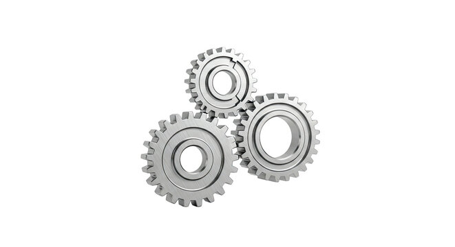 Three interlocking metal gears on a white background