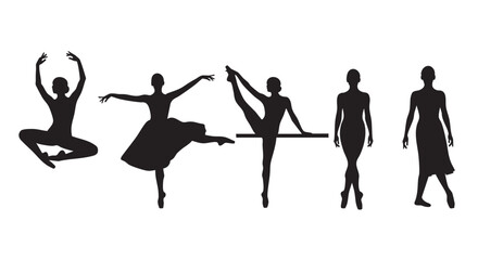 Obraz premium Five ballet dancer silhouettes are shown in various poses, isolated against white background. This image is suitable for fitness, dance, ballet, art and sport concepts.