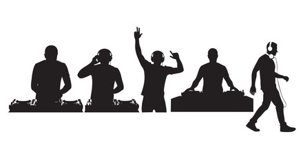 Obraz premium Black silhouettes of DJs performing music, cheering, and walking, set against a clean white backdrop, creating a dynamic and energetic visual ideal for party or music-related designs.