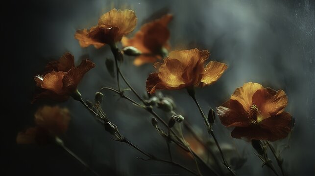 Orange poppy flowers in soft focus against a dark, moody background