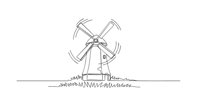 A simple, minimalist line drawing of a windmill with turning blades, isolated on white background, evoking peaceful, rural landscape with themes of energy and sustainability.