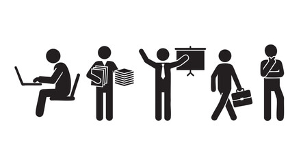 Black and white illustration showcasing different office worker icons, including laptop use, presentation, carrying documents and thinking.