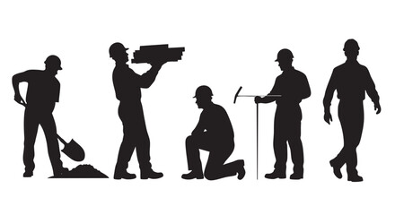 Black silhouette of construction workers performing different jobs, including digging, carrying materials, kneeling, using tools, and walking on white background.