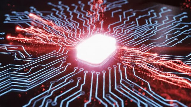 Seamless abstract motion graphic loop of bright red digital data energy flowing through illuminated circuit board pathways toward a central glowing generic control key energy, innovation, computer