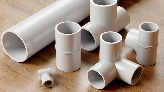A collection of white PVC pipes and fittings on a wooden surface