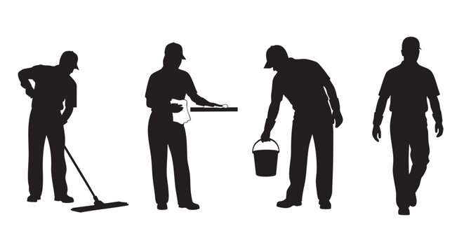 A set of janitors in silhouette are cleaning with a mop, wiping surfaces, and carrying a bucket on a white background.
