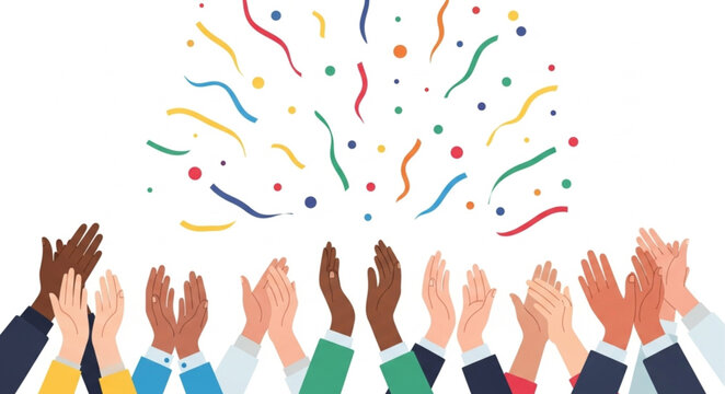 Diverse group of people clapping hands celebrating with confetti.
