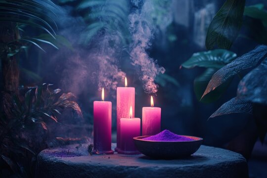 Mystical ritual altar with burning candles, incense smoke, purple powder and petals, tropical greenery background, spiritual meditation and witchcraft concept, moody candlelight.